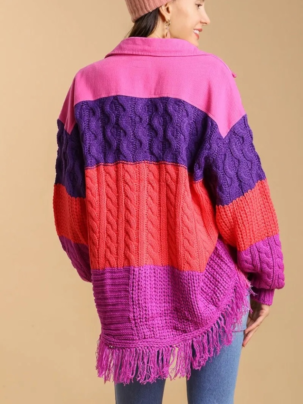New Umgee Hi Low Fringe Button Down Sweater Shacket Cable Knit Pink Colorblock - Picture 6 of 8